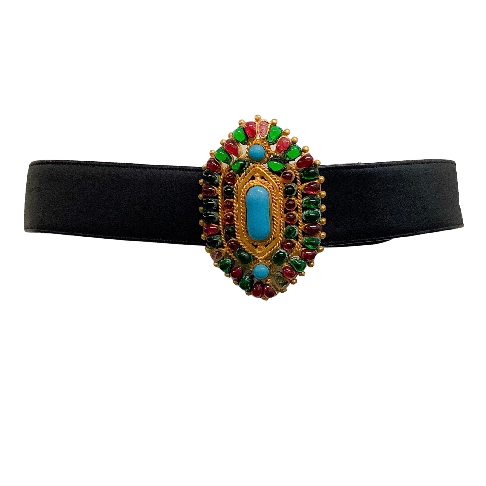 Chanel 1993 Turquoise and Gripoix Black Leather Belt