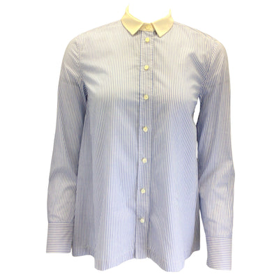 Brunello Cucinelli Blue / White Monili Beaded Silk Collar Striped Button-down Cotton Shirt