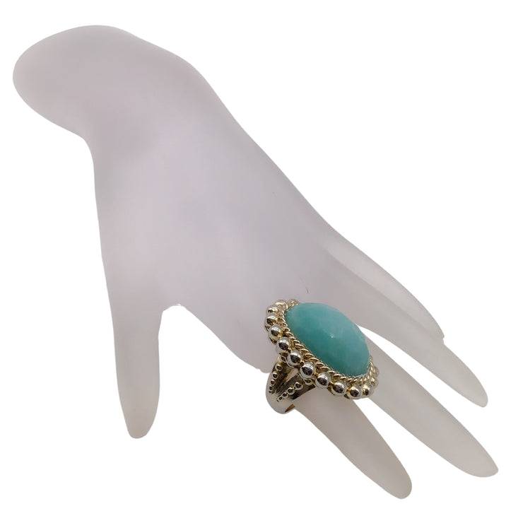 Stephen Dweck Blue Faceted Chalcedony and Sterling Silver Beaded Textured Cocktail Ring