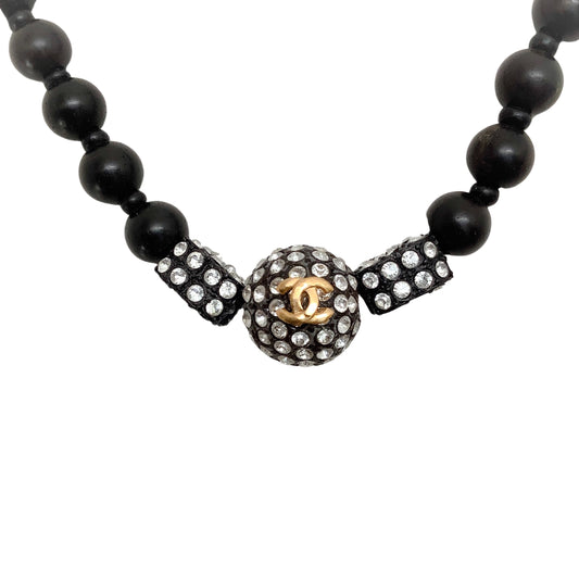 Chanel Black Wooden Bead Necklace with Strass Detail