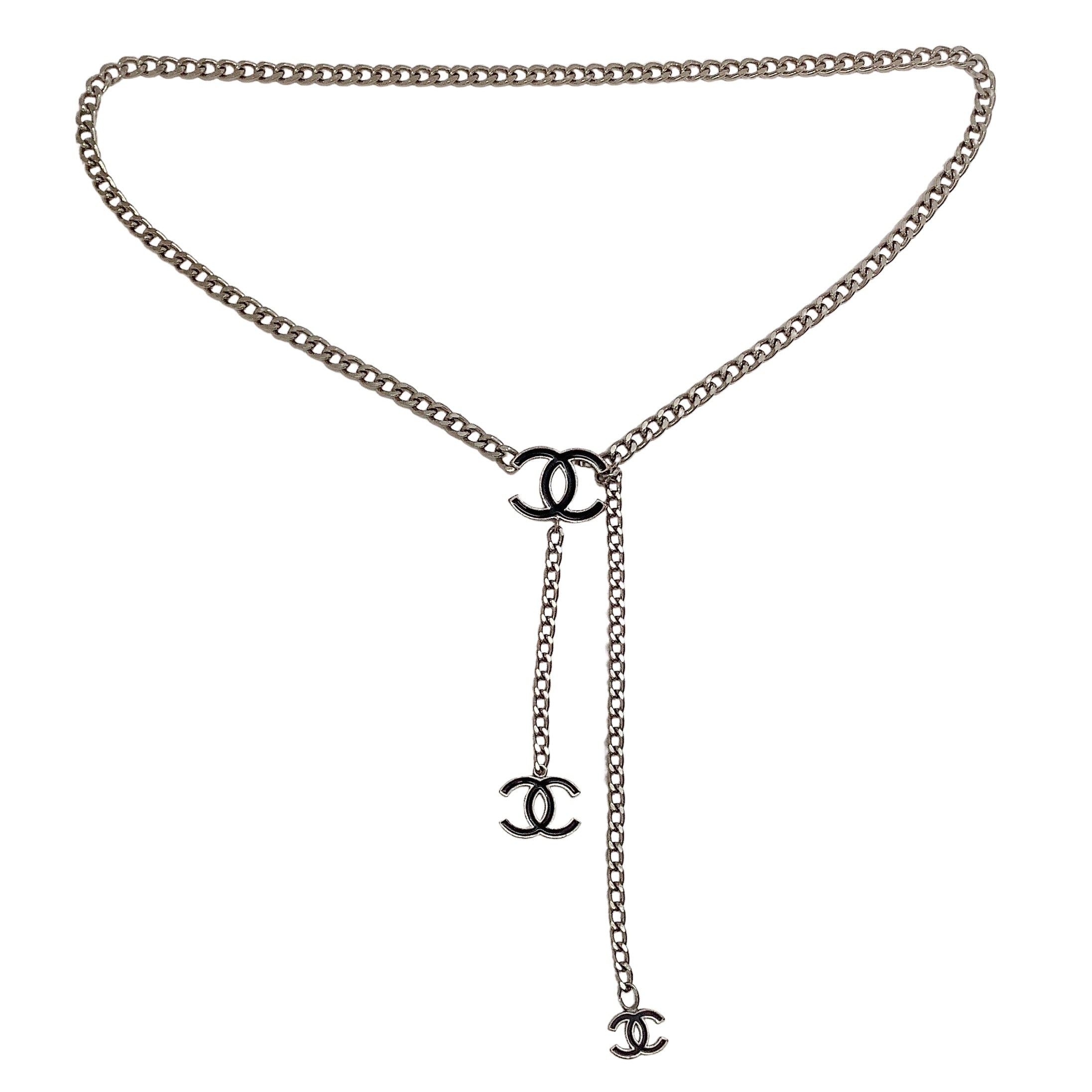 Chanel 2004 Silver Chain Belt With Black Enamel Logos