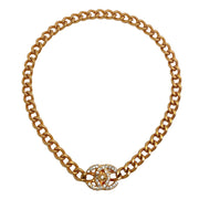 Chanel Gold Chain Necklace With Strass Logo Turn Lock Clasp