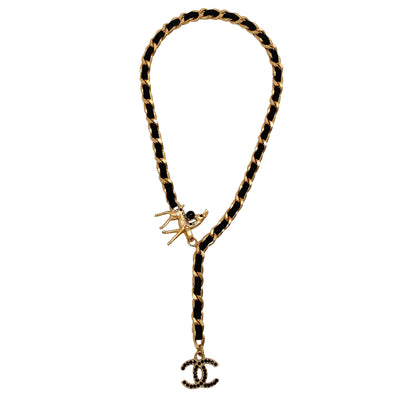 Chanel 2001 Gold Chain and Black Suede Necklace with Strass Embellished Deer Clasp