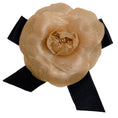 Load image into Gallery viewer, Chanel Vintage 1985Gold Fabric Camellia Brooch With Black Satin Bow
