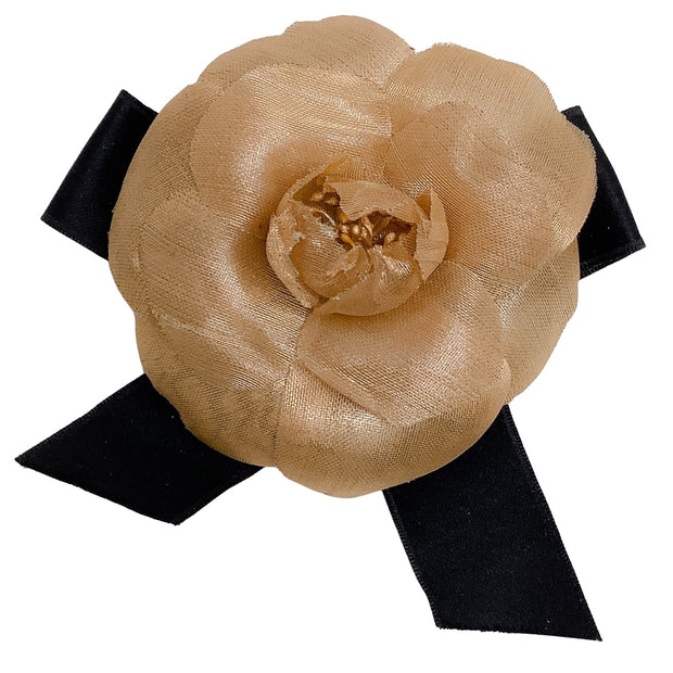 Chanel Vintage 1985Gold Fabric Camellia Brooch With Black Satin Bow