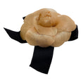 Load image into Gallery viewer, Chanel Vintage 1985 Gold Fabric Camellia Brooch With Black Satin Bow
