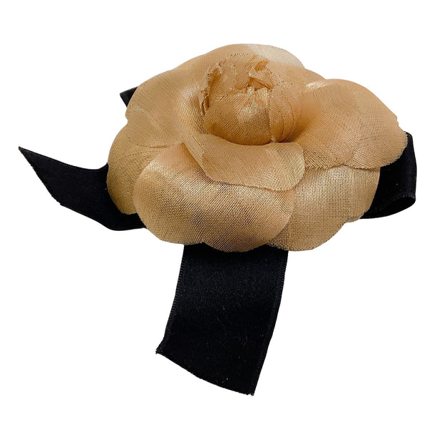 Chanel Vintage 1985 Gold Fabric Camellia Brooch With Black Satin Bow