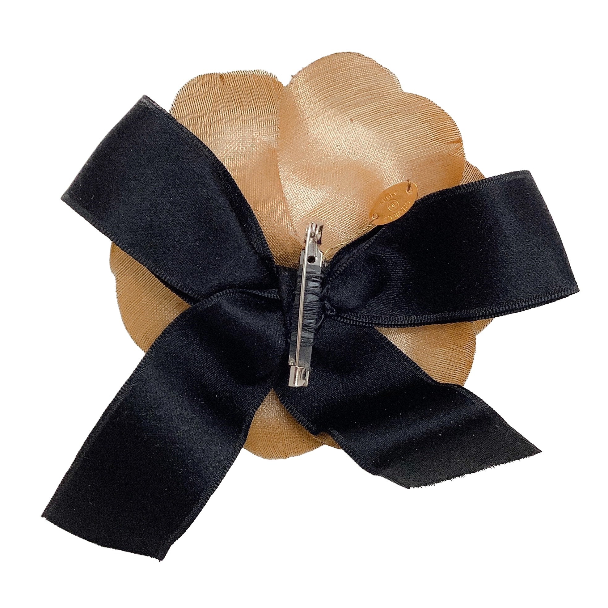 Chanel Vintage 1985 Gold Fabric Camellia Brooch With Black Satin Bow
