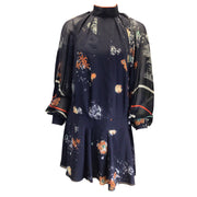 Erdem Navy Blue Floral Printed Long Sleeved Silk Chiffon Dress