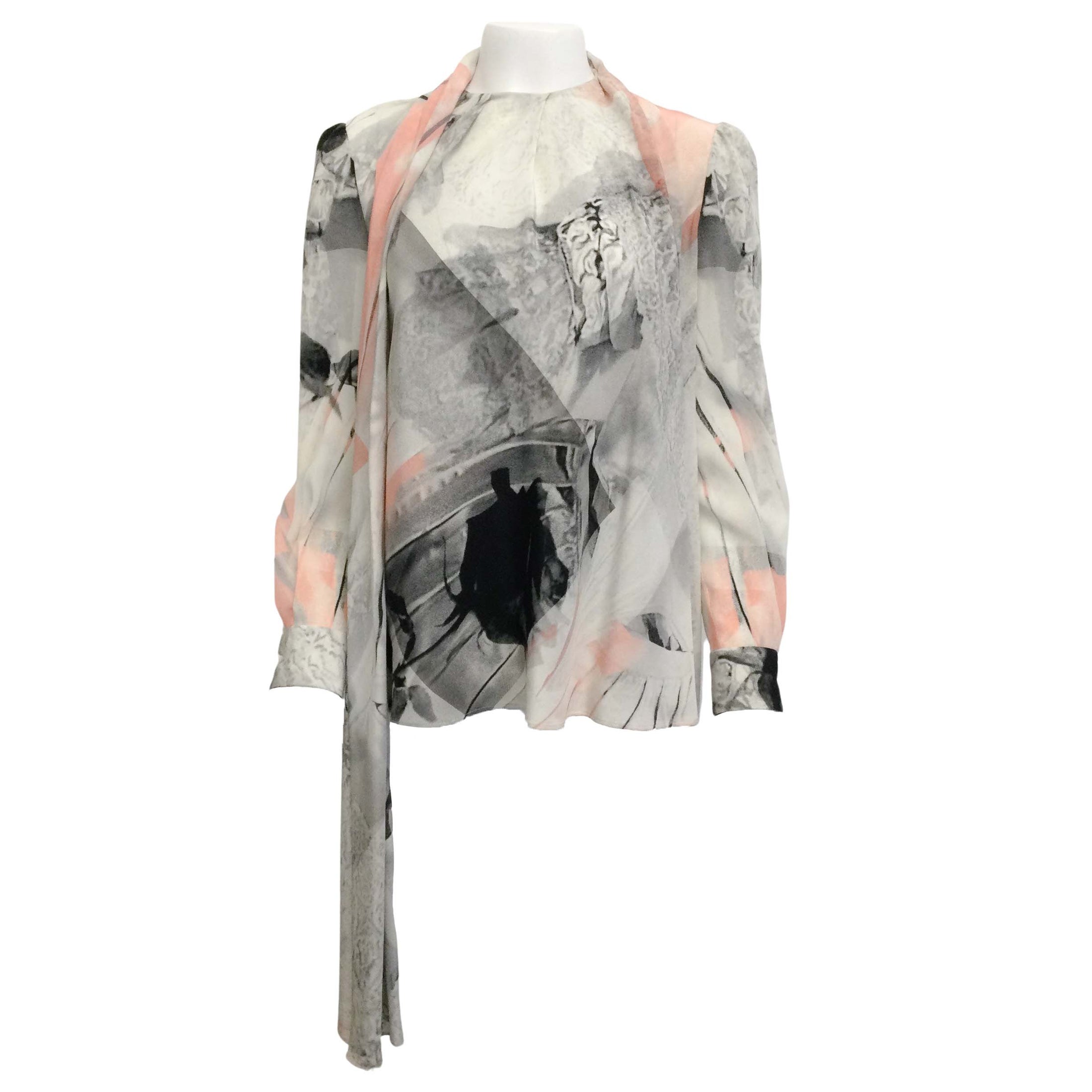 Alexander McQueen Pink/Grey Black Rose Graphic Print Long Sleeve Blouse