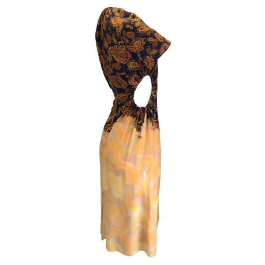 Rokh Black / Gold Multi Paisley Printed Short Sleeved Gathered Silk Midi Dress