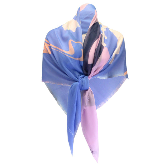 Chanel Blue / Pink CC Logo Abstract Print Square Cashmere and Silk Scarf