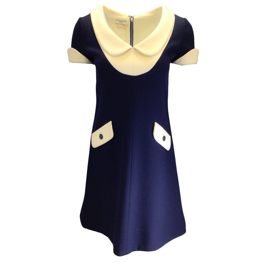 Courreges Paris Navy Blue / Cream Vintage 60's Short Sleeved Wool Dress