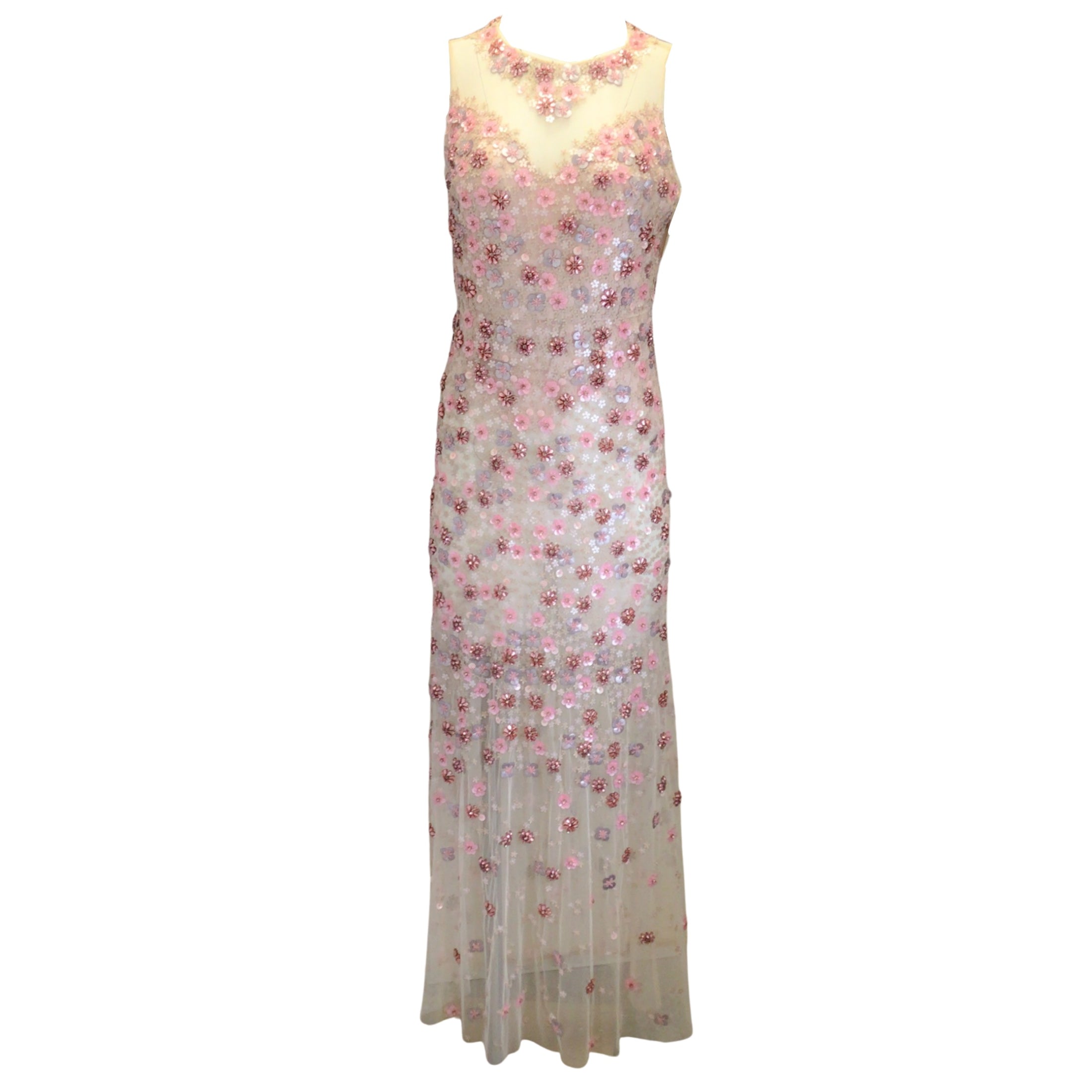 Elie Tahari Pink Augenie Beaded and Floral Sequined Embellished Sleeveless Gown / Formal Dress