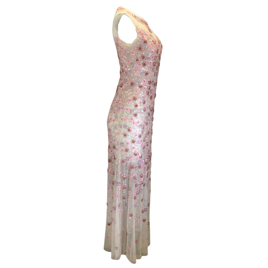 Elie Tahari Pink Augenie Beaded and Floral Sequined Embellished Sleeveless Gown / Formal Dress