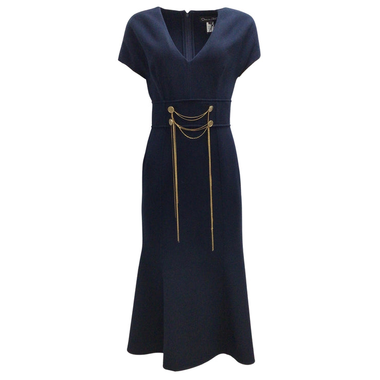 Oscar de la Renta Navy Blue / Gold Chain Detail Short Sleeved V-neck Wool Mid-length Cocktail Dress