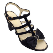 Chanel Black Pearl Embellished Bow Detail Satin Sandals