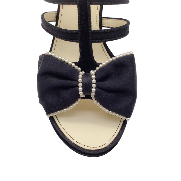 Chanel Black Pearl Embellished Bow Detail Satin Sandals