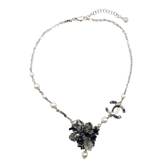 Chanel Silver Mixed Crystal & Pearl Cc Necklace