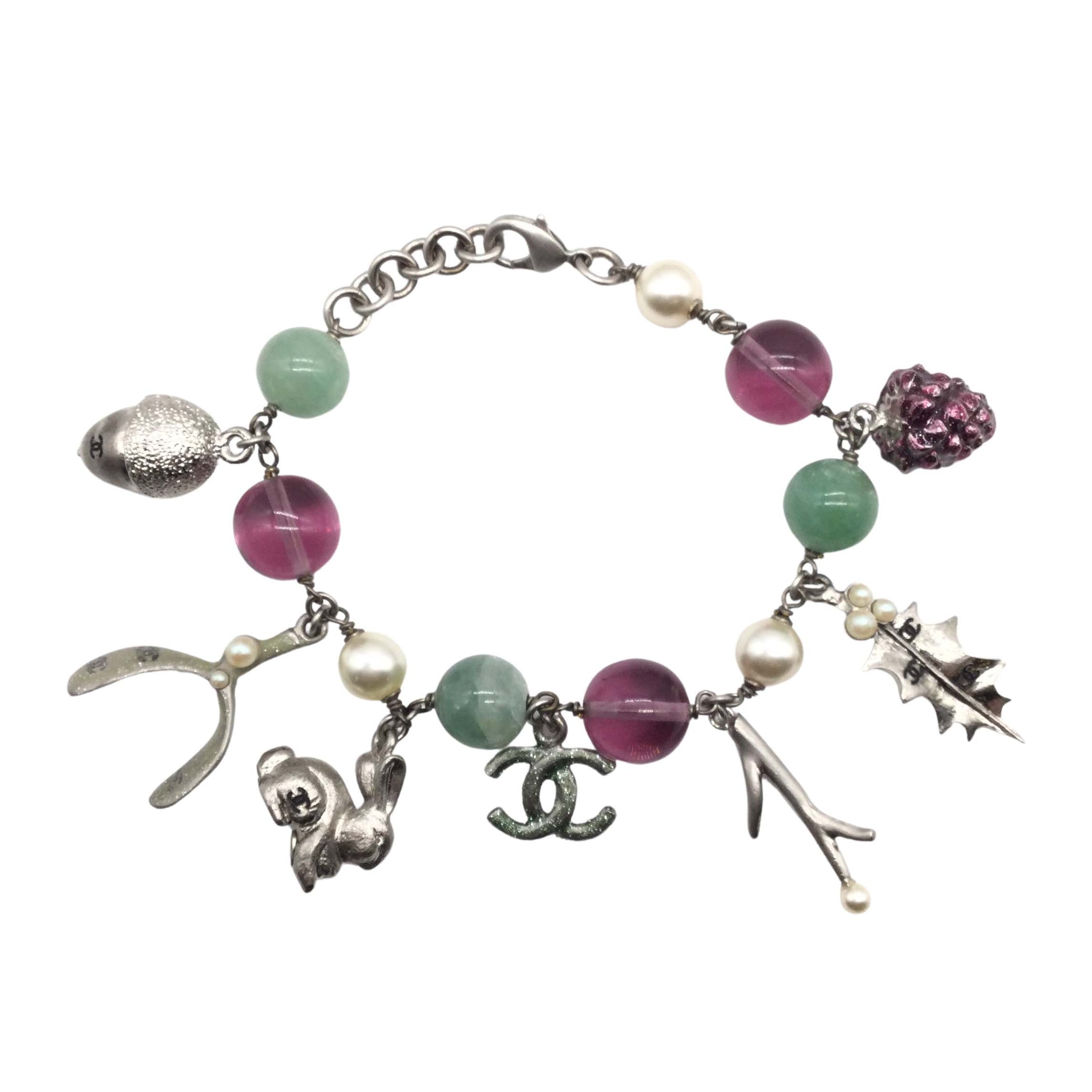 Chanel Silver Green/Purple Beaded Woodland Charm Fall 2005 Bracelet