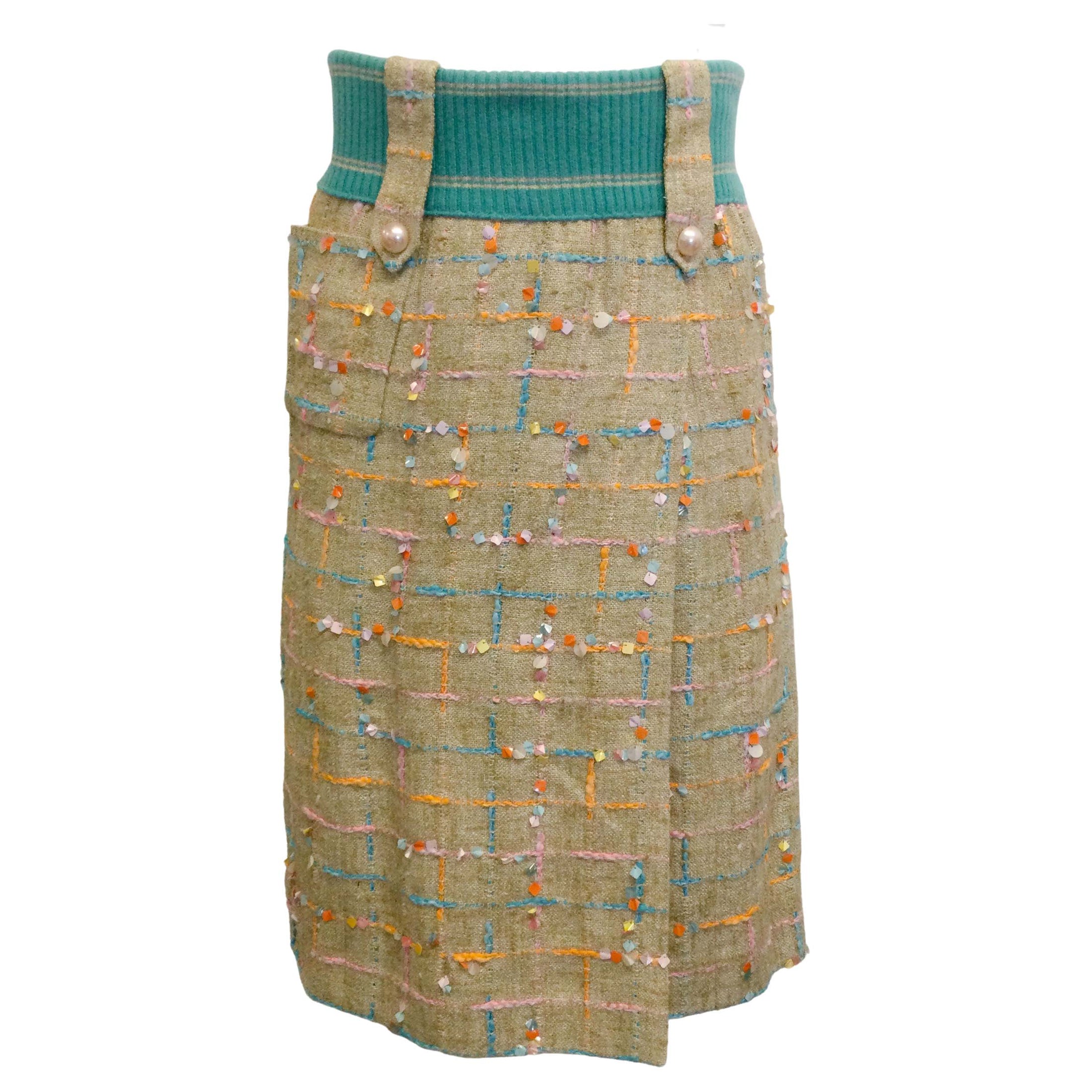 Chanel Beige 2001 Multi Tweed Paillette Skirt