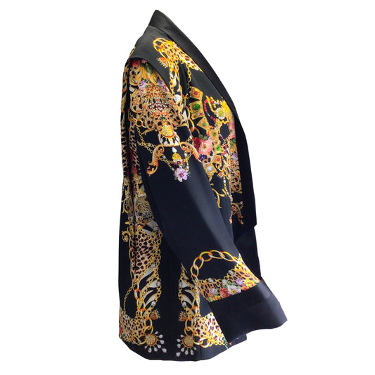 Camilla Black / Gold Multi Jewel and Chain Print Embellished Relaxed Silk Jacket