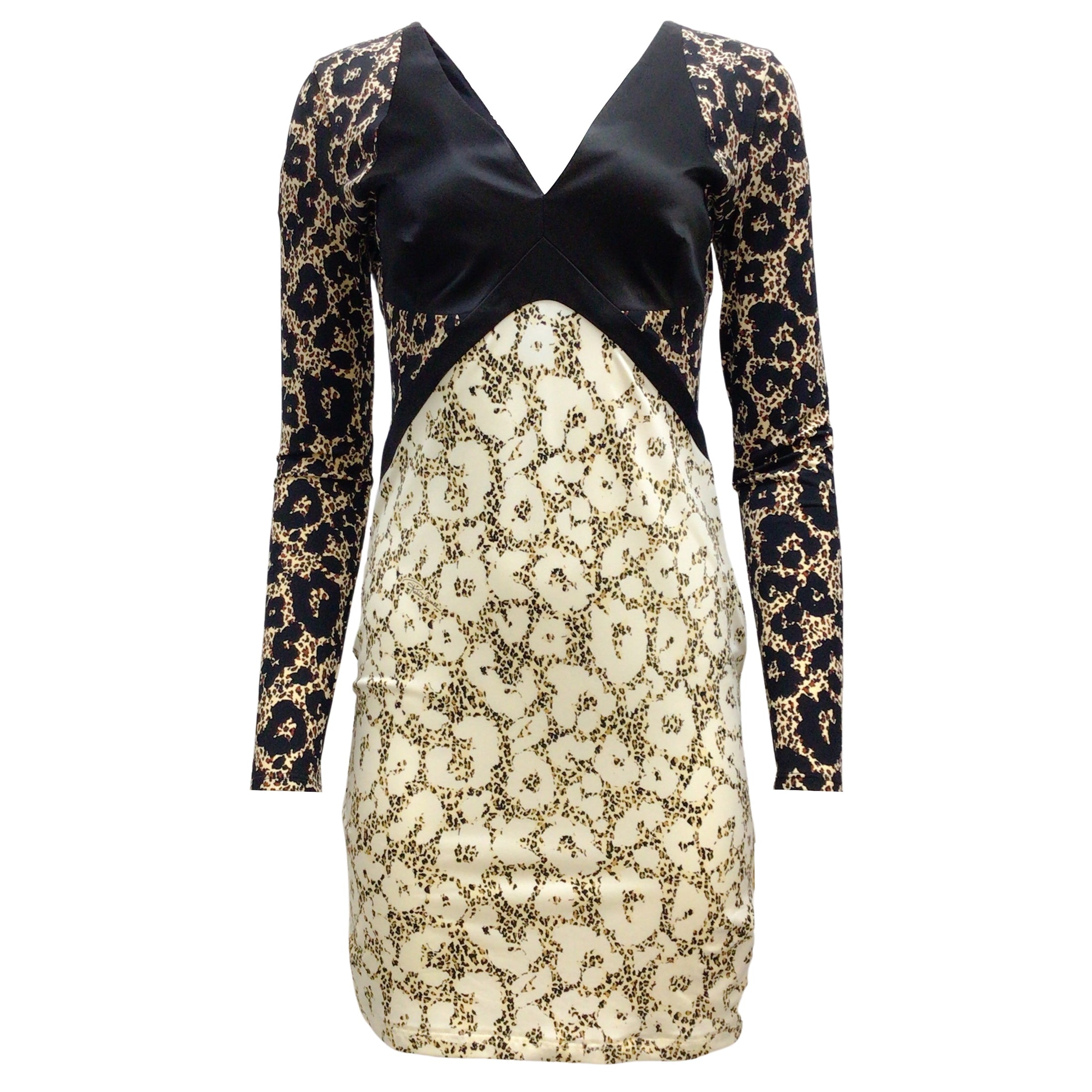 Roberto Cavalli Black / Ivory Leopard Printed Long Sleeved V-neck Night Out Dress