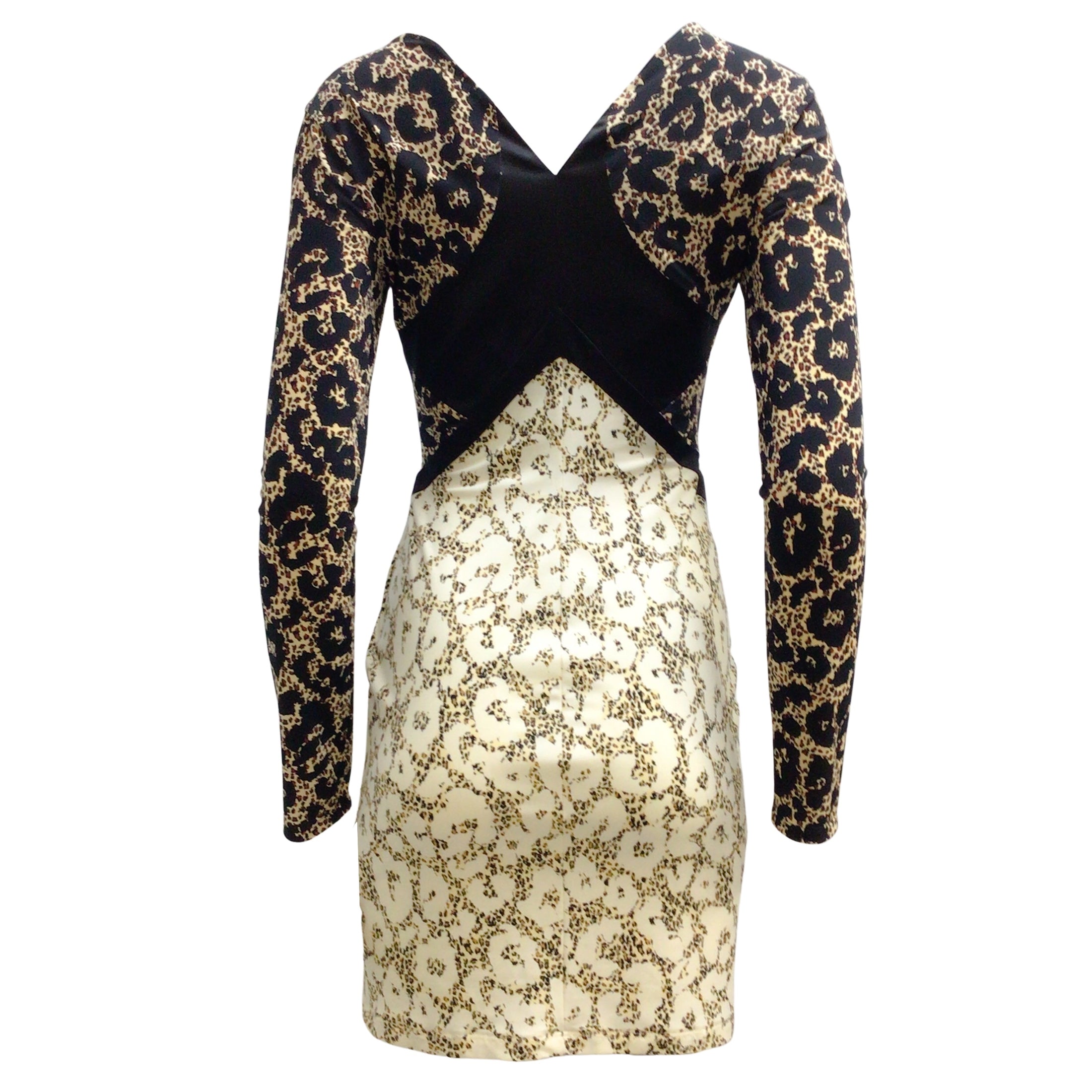 Roberto Cavalli Black / Ivory Leopard Printed Long Sleeved V-neck Night Out Dress