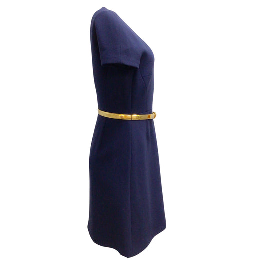 Michael Kors Navy Blue / Gold Metallic Belted Short-sleeved Wool Crepe Short Casual Dress