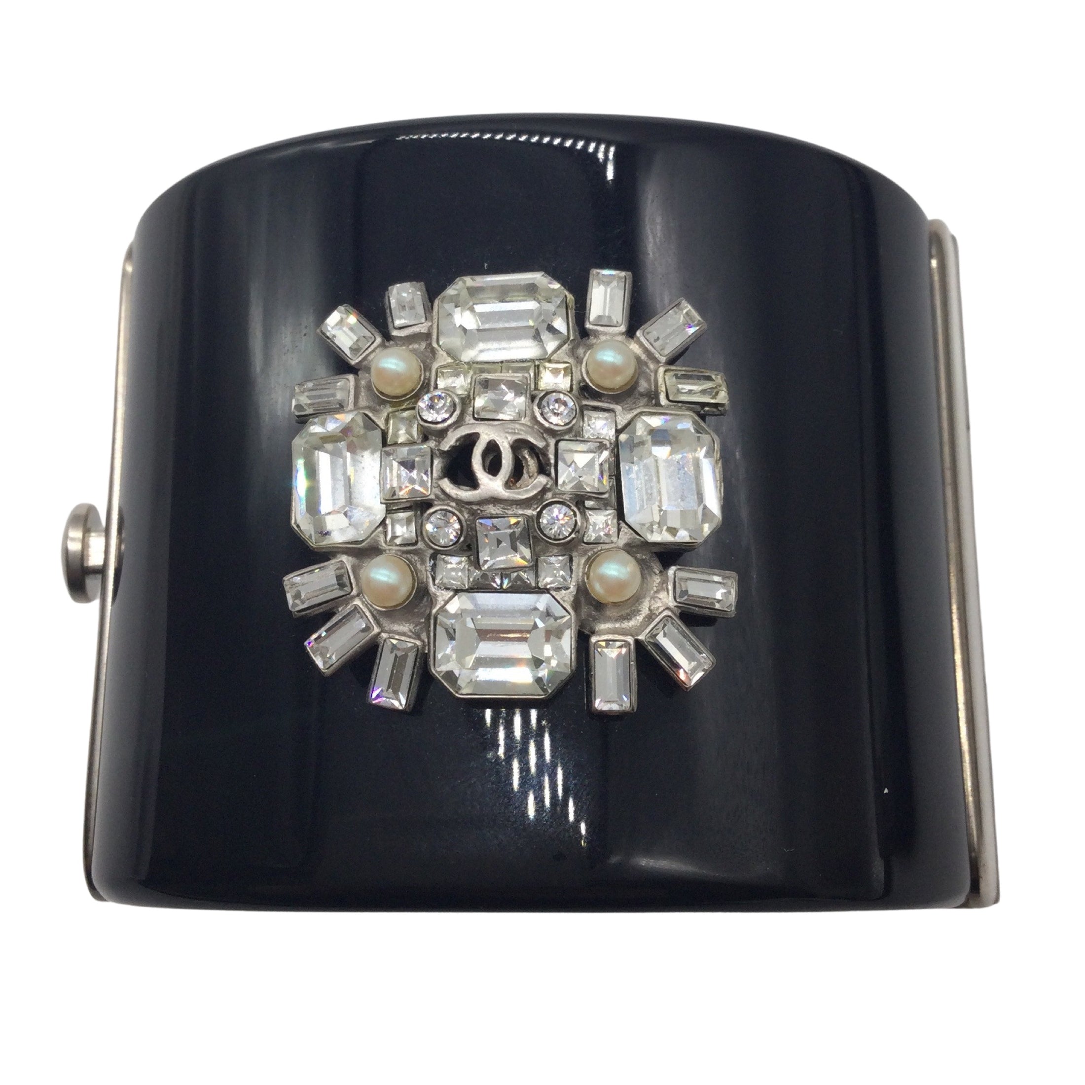 Chanel Black / Silver CC Rhinestone Studded Wide Cuff Bracelet
