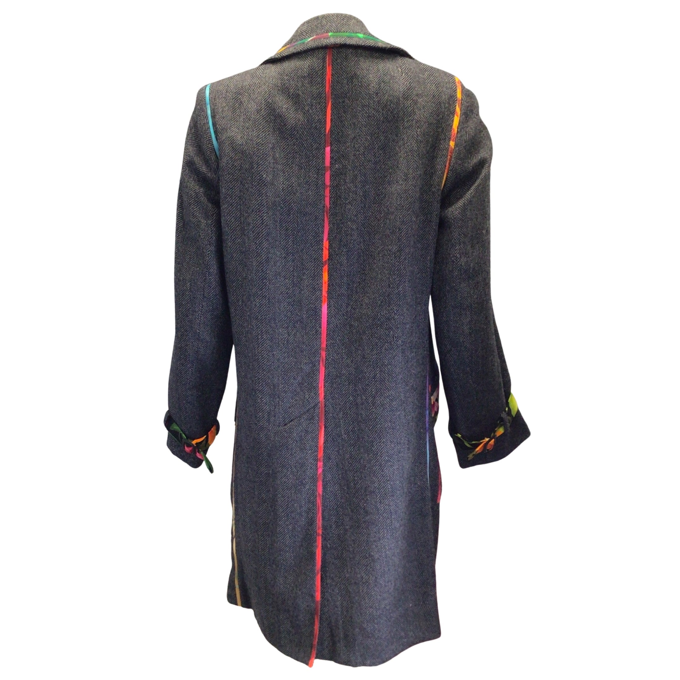 Tracy Feith Charcoal Grey Multi Floral Printed Trimmed Wool Tweed Coat