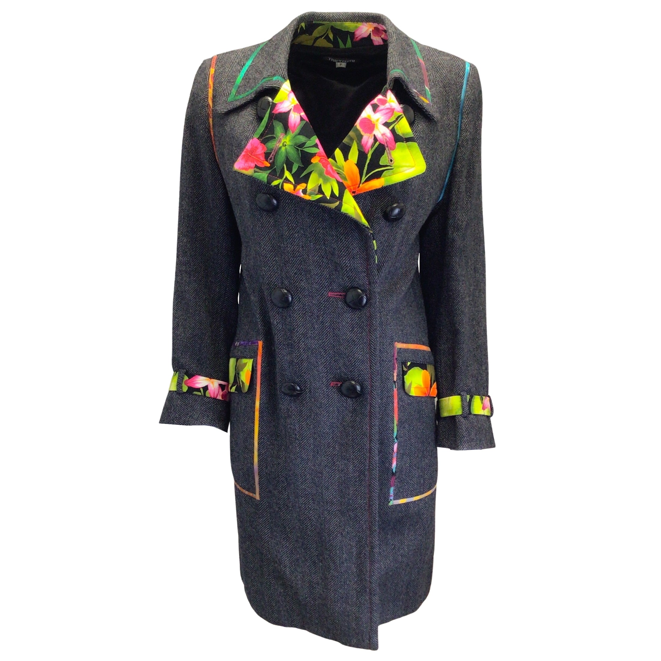 Tracy Feith Charcoal Grey Multi Floral Printed Trimmed Wool Tweed Coat