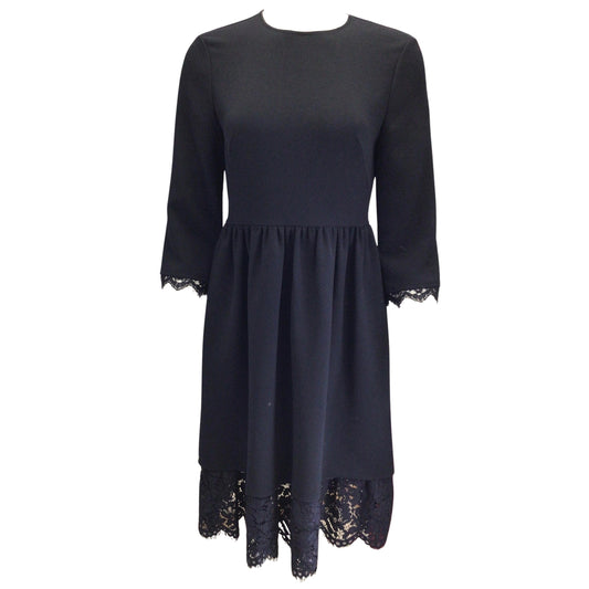 Mikael Aghal Navy Blue Lace Hem Long Sleeved Crepe Dress