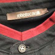 Roberto Cavalli Men's Black / Burgundy Contrast Band Collar Classic Short Sleeved Woven Cotton Polo Shirt