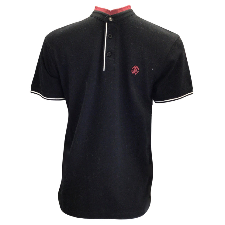 Roberto Cavalli Men's Black / Burgundy Contrast Band Collar Classic Short Sleeved Woven Cotton Polo Shirt