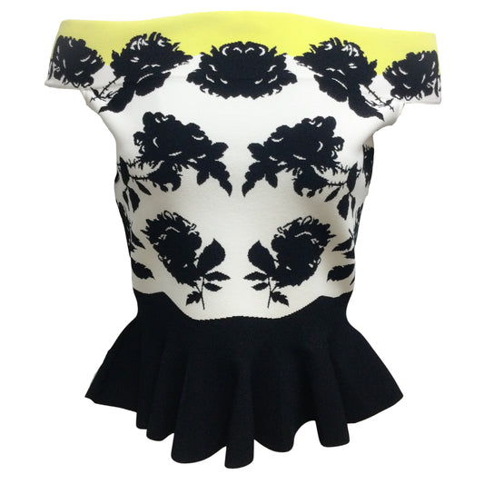Alexander McQueen Black / White / Yellow 2017 Floral Printed Stretchy Knit Blouse