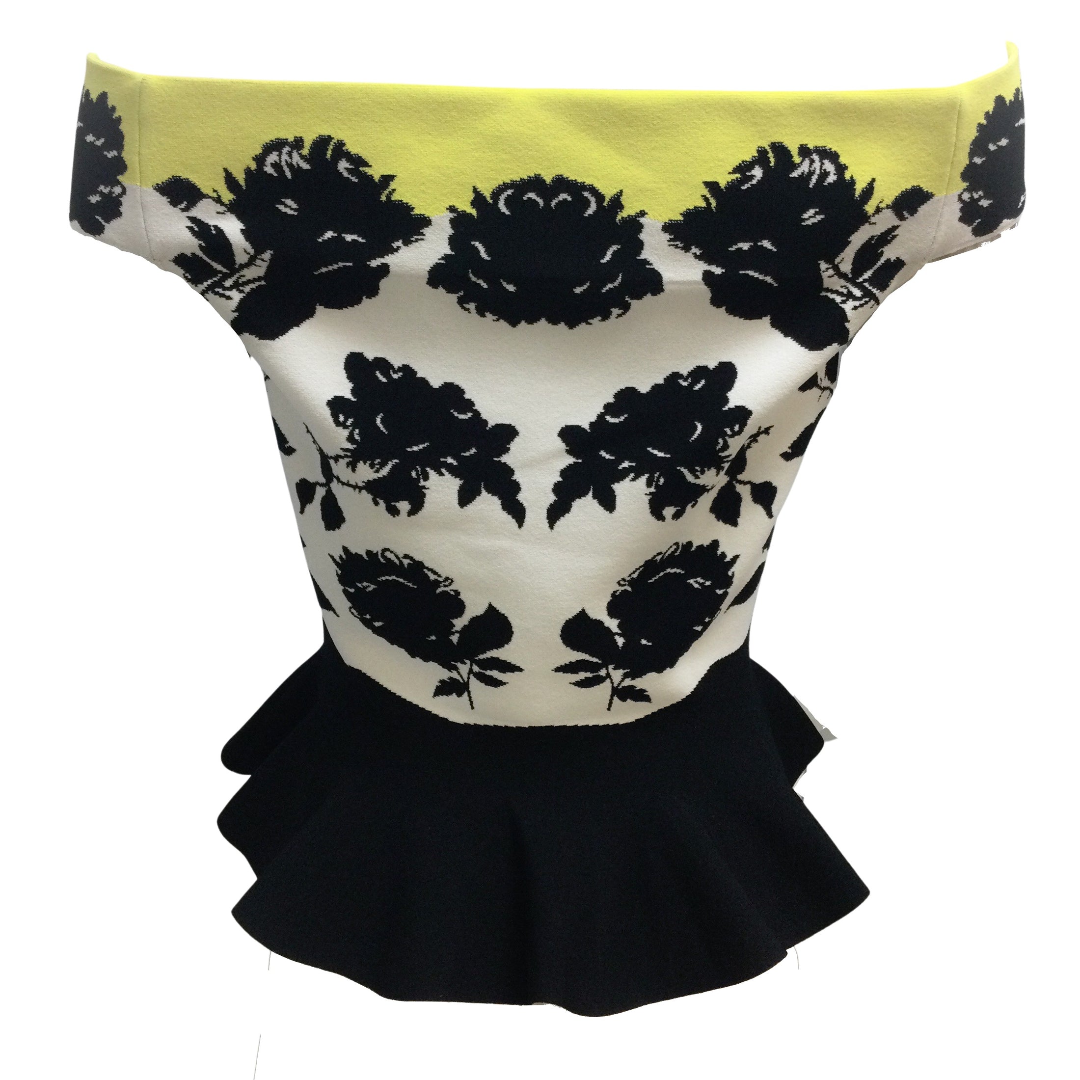 Alexander McQueen Black / White / Yellow 2017 Floral Printed Off Shoulder Peplum Blouse
