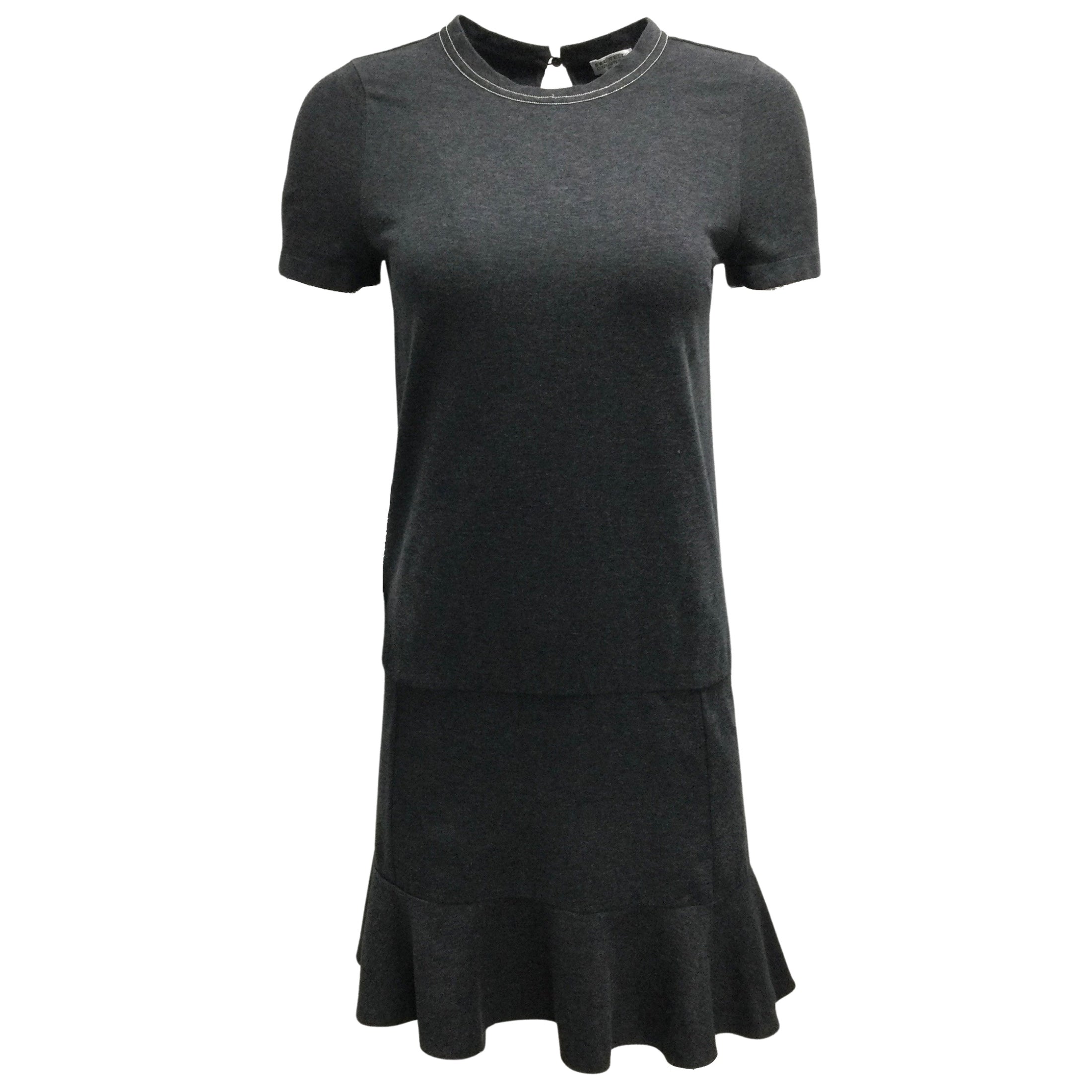 Brunello Cucinelli Charcoal Grey Sleeved Cotton Short Casual Dress