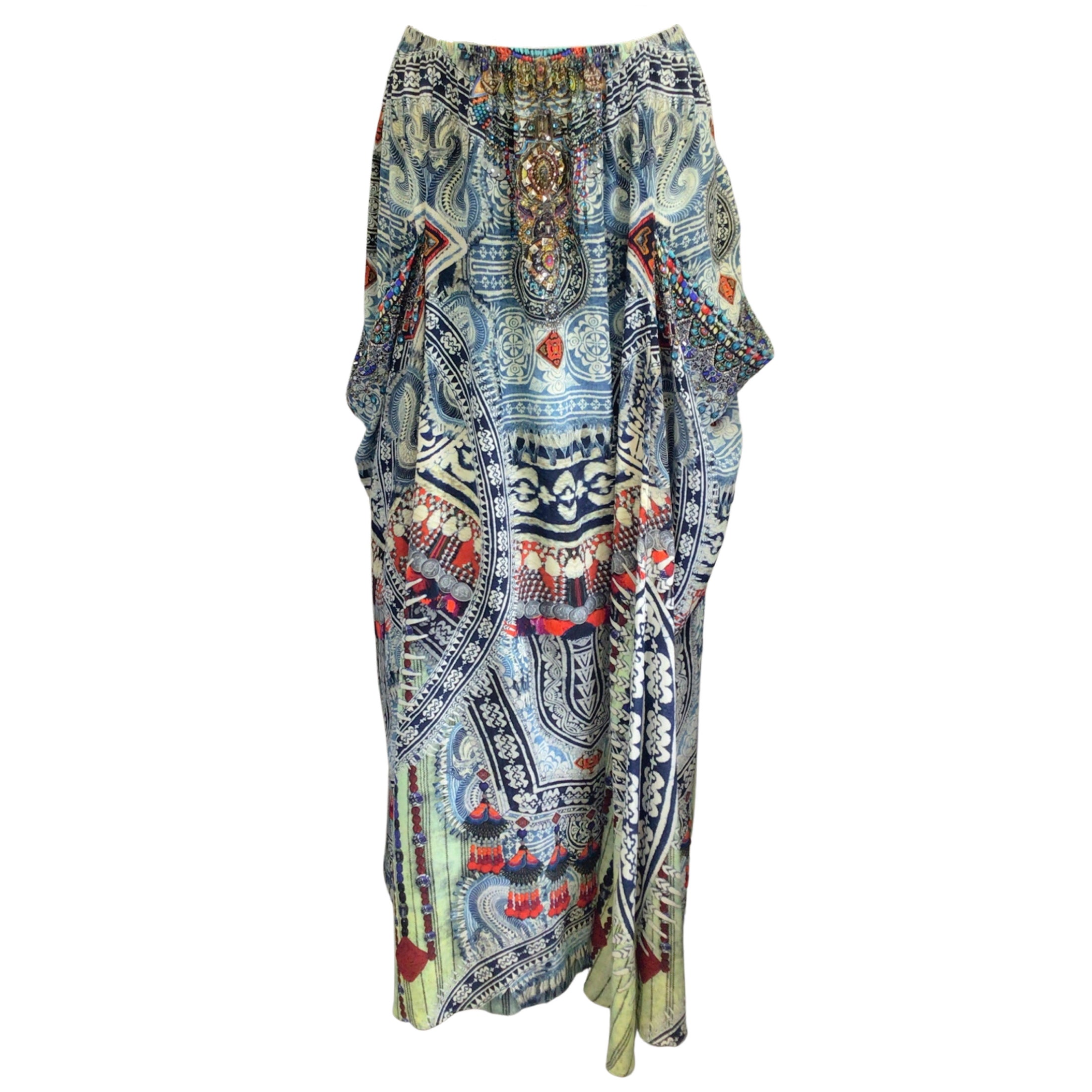 Camilla Blue Multi Crystal Embellished Printed Pocketed Silk Maxi Skirt