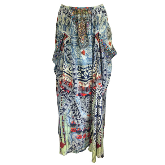 Camilla Blue Multi Crystal Embellished Printed Pocketed Silk Maxi Skirt