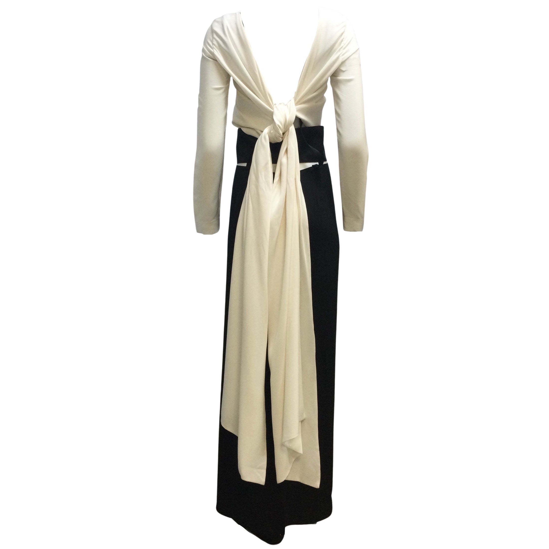 Judy Zhang Ivory / Black Two-tone Long Sleeved Full-length Silk Formal Dress