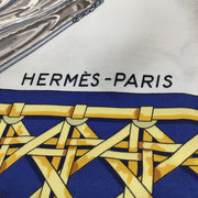Hermes Paris Ivory / Blue / Gold Vintage Feux de Route Printed Silk Blouse