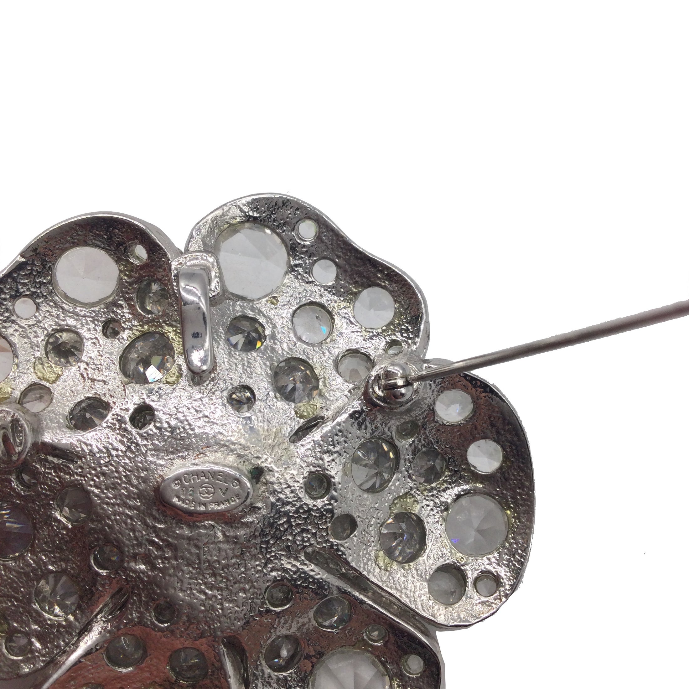 Chanel Silver Rhinestone Studded CC Logo Camellia Flower Brooch Pin