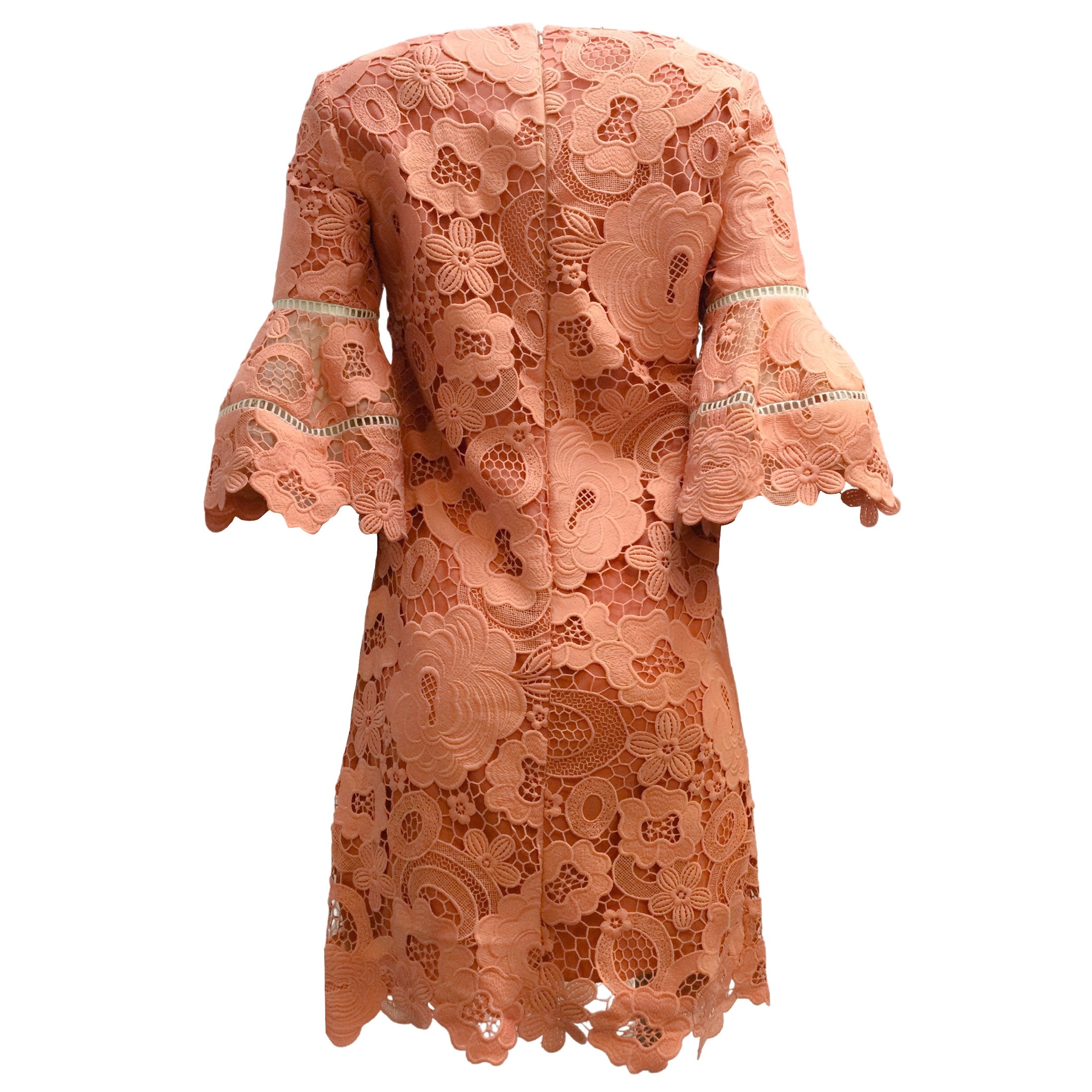 Lela Rose Peach Pink Bell Sleeved Floral Lace Cocktail Dress