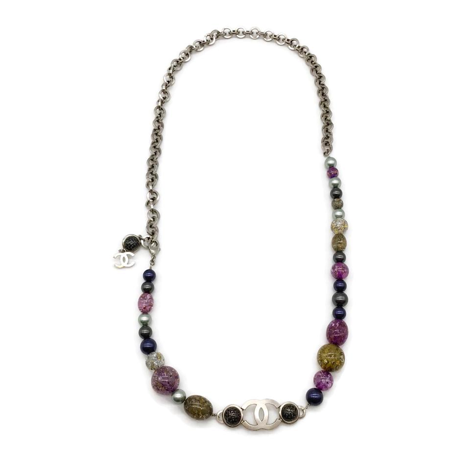 Chanel Purple/Olive Silver Tone Necklace