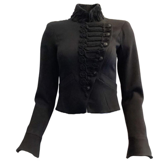 Chanel Black Mandarin Collar with Camellia Buttons Jacket