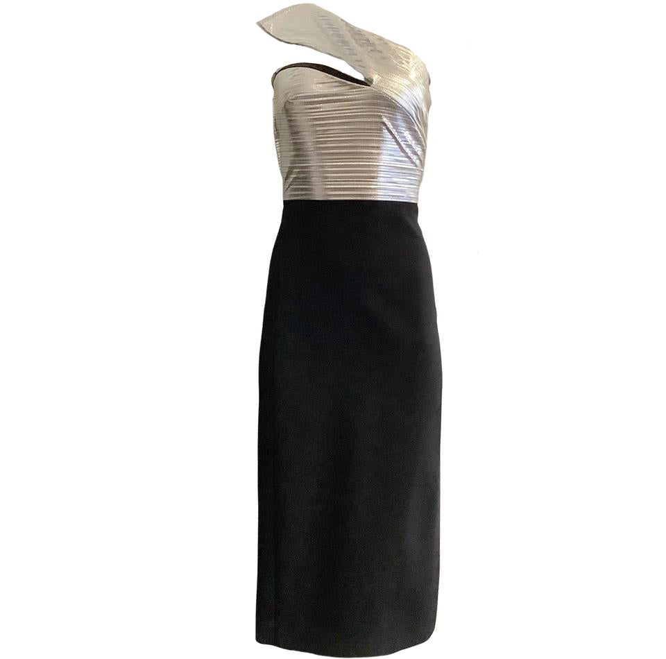 David Koma Black Silver Lame Top One Shoulder with Slit Formal Dress