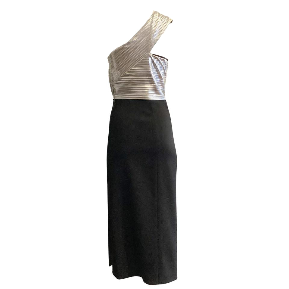 David Koma Black Silver Lame Top One Shoulder with Slit Formal Dress
