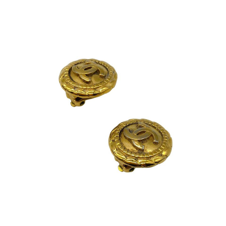 Chanel Gold Metallic Logo Clip On Earrings