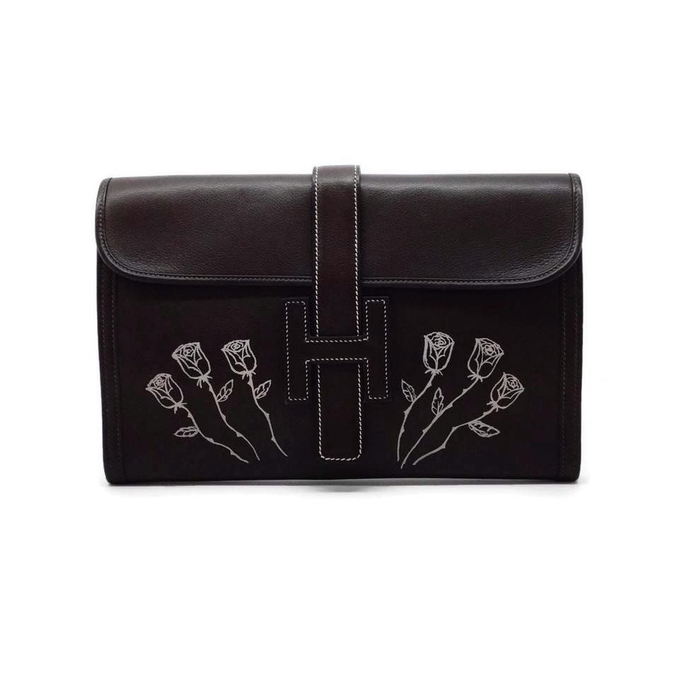 Hermès Jigé Floral Detail Dark Brown Leather Clutch